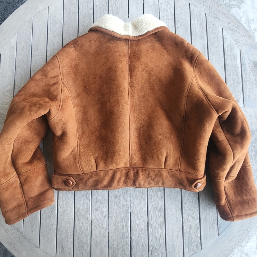 Vintage Cognac Womens Crop Shearling Bomber Jacket | SZ M - Picture 2 of 5